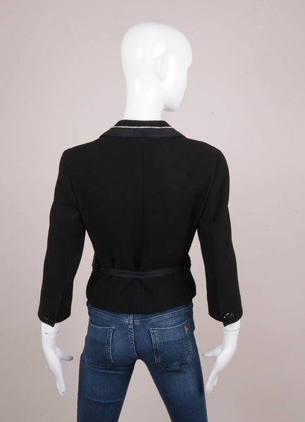 Black and White Beaded Trim Waist Tie Three Quarter Sleeve Wool Jacket