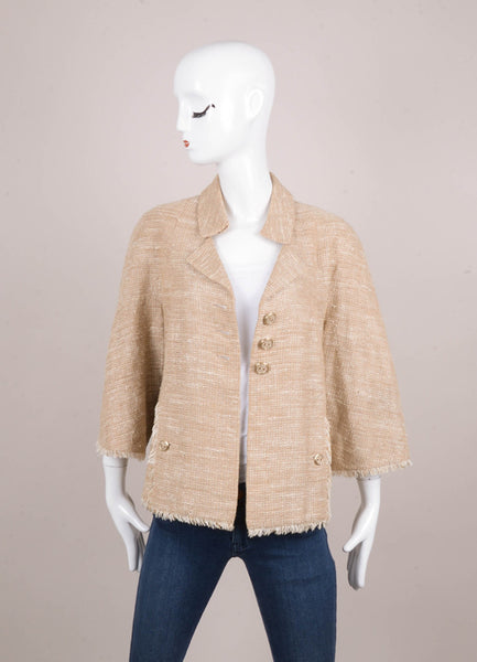 Beige and Cream Woven Linen Blend Fringe Trim Three Quarter Length Sleeve Jacket