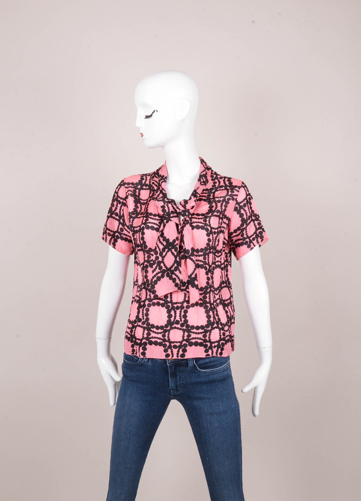Pink and Black Patterned Short Sleeve Silk Blouse