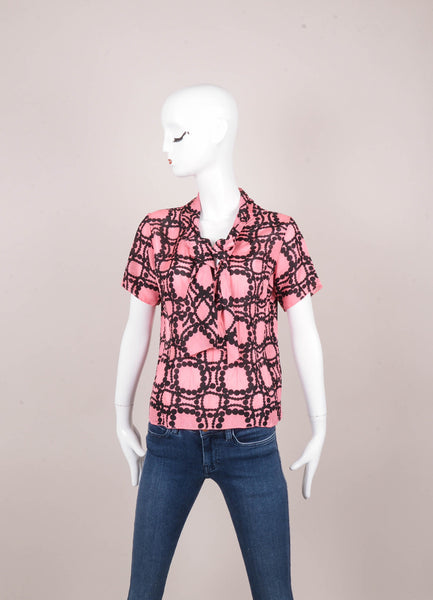 Pink and Black Patterned Short Sleeve Silk Blouse