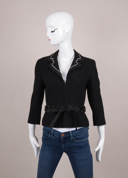 Black and White Beaded Trim Waist Tie Three Quarter Sleeve Wool Jacket