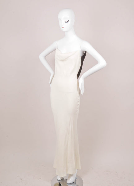 Cream and Black Long Sleeveless Evening Dress