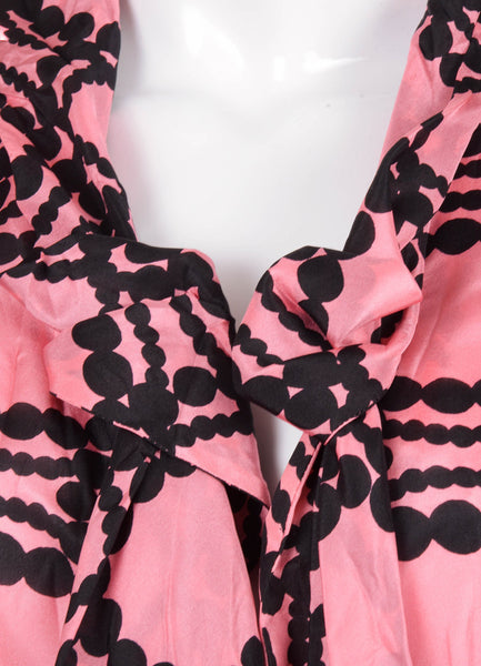 Pink and Black Patterned Short Sleeve Silk Blouse