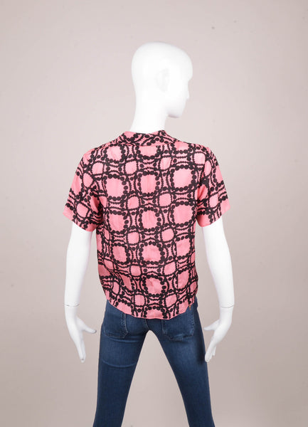 Pink and Black Patterned Short Sleeve Silk Blouse