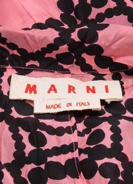 Pink and Black Patterned Short Sleeve Silk Blouse
