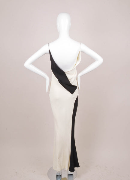 Cream and Black Long Sleeveless Evening Dress