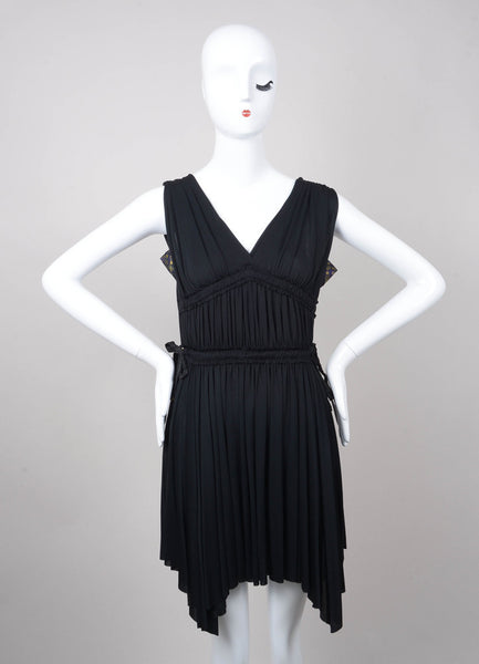 Black Ruched V Neck Sleeveless Waist Tie Jersey Dress