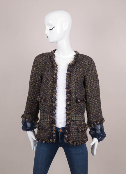 Navy and Brown Iridescent Tweed Bauble Embellished Mesh Sleeve Jacket