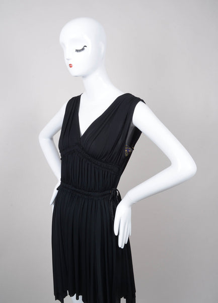 Black Ruched V Neck Sleeveless Waist Tie Jersey Dress