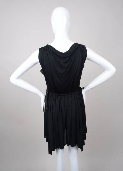 Black Ruched V Neck Sleeveless Waist Tie Jersey Dress