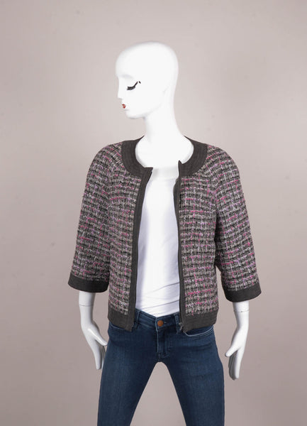 Grey, Black, and Pink Tweed Denim Trim Zip Up Three Quarter Length Sleeve Jacket