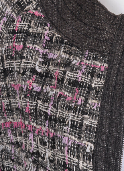 Grey, Black, and Pink Tweed Denim Trim Zip Up Three Quarter Length Sleeve Jacket