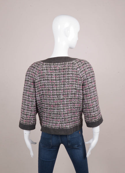 Grey, Black, and Pink Tweed Denim Trim Zip Up Three Quarter Length Sleeve Jacket