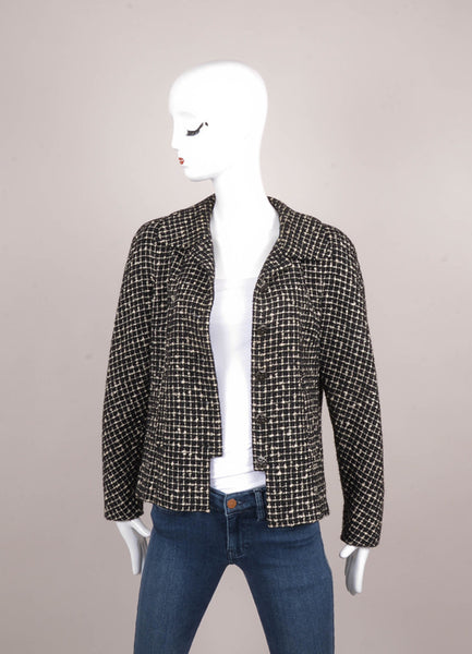 Black Metallic and White Tweed Boucle Buttoned Jacket