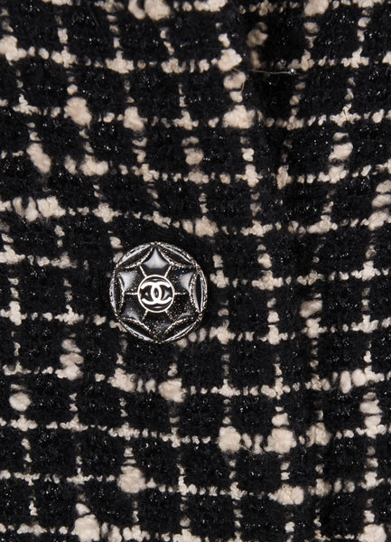 Black Metallic and White Tweed Boucle Buttoned Jacket