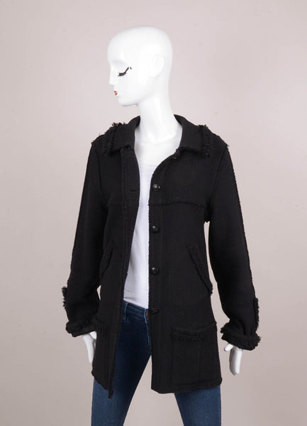 Black Tweed Wool Fringe Trim Button Up Long Jacket