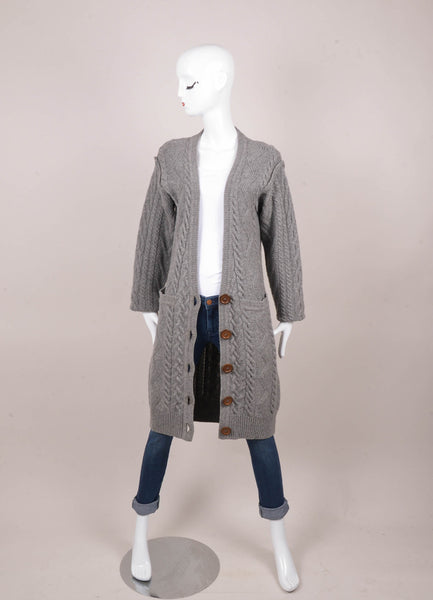 Grey Merino Wool Cable Knit Long Cardigan Sweater