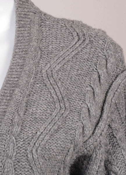 Grey Merino Wool Cable Knit Long Cardigan Sweater