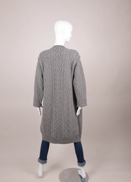 Grey Merino Wool Cable Knit Long Cardigan Sweater