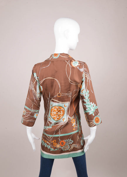 Brown and Teal Silk Floral Print Tunic