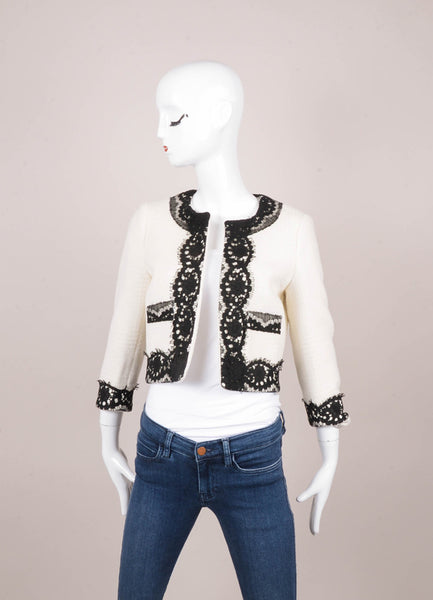 Cream Wool and Angora Black Lace Trim Jacket