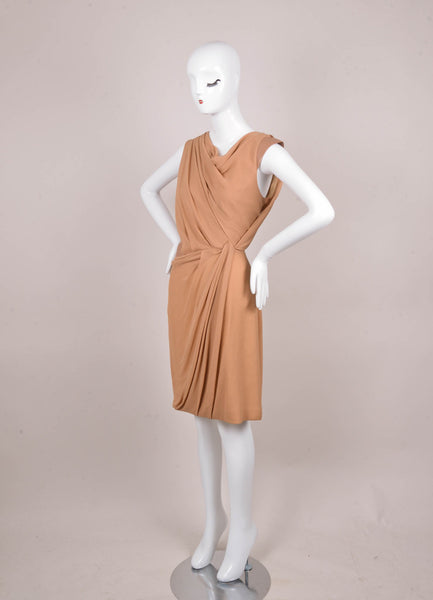 New Camel Draped Silk Dress with Brown Leather Trim