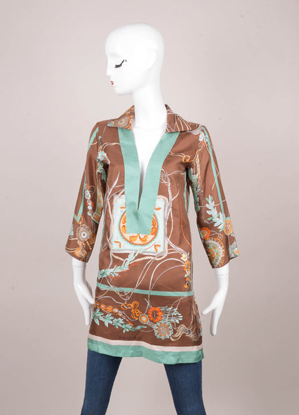 Brown and Teal Silk Floral Print Tunic