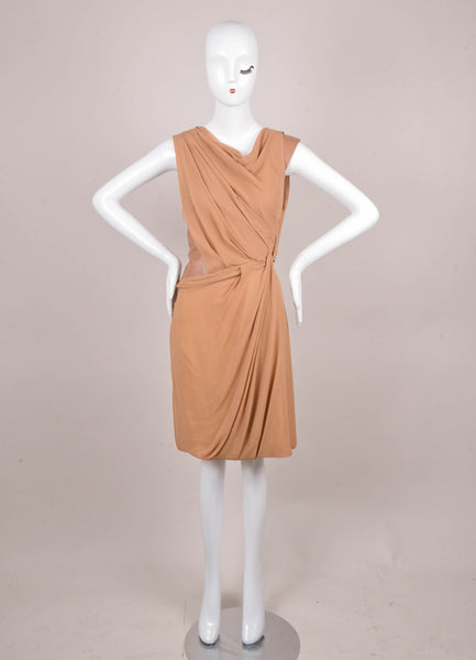 New Camel Draped Silk Dress with Brown Leather Trim