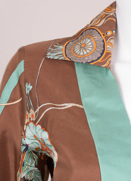 Brown and Teal Silk Floral Print Tunic