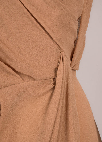 New Camel Draped Silk Dress with Brown Leather Trim