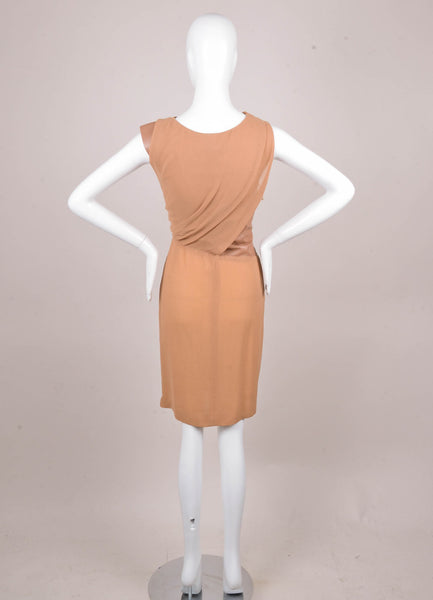 New Camel Draped Silk Dress with Brown Leather Trim