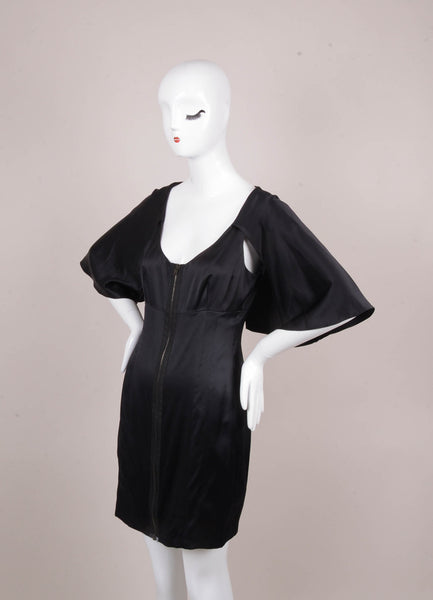 New With Tags Black Zip Front Flutter Sleeve Silk Satin Dress