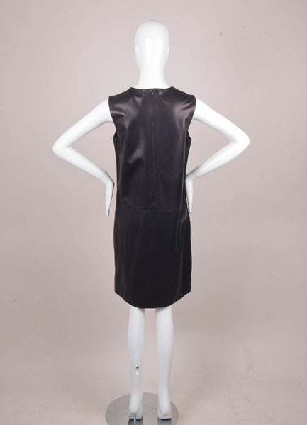 New Black and Navy Lambskin Leather V Neck Shift Dress