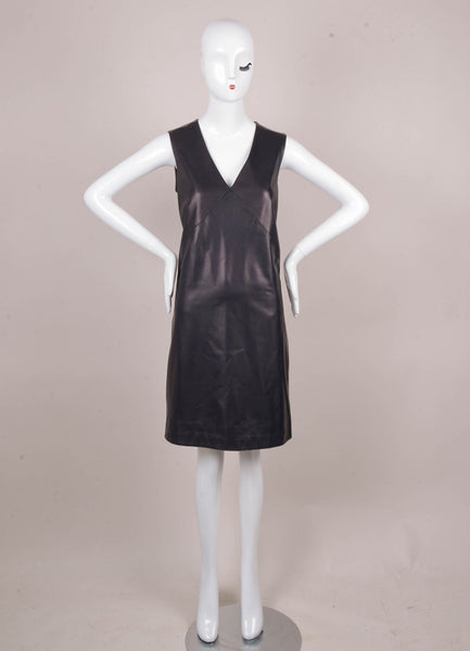 New Black and Navy Lambskin Leather V Neck Shift Dress