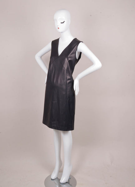 New Black and Navy Lambskin Leather V Neck Shift Dress