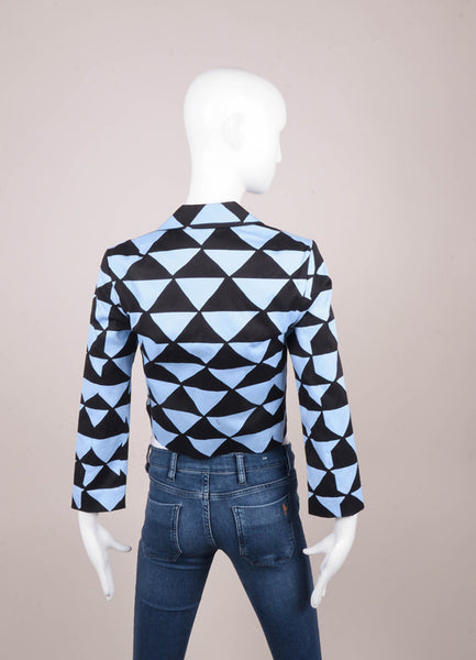 Blue and Black Triangle Patterned Cotton Twill Cropped Blazer