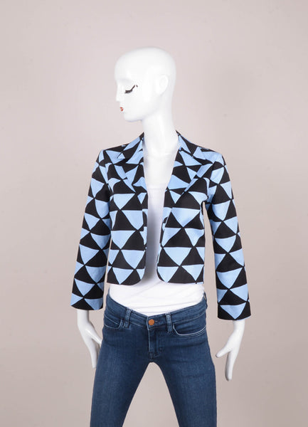 Blue and Black Triangle Patterned Cotton Twill Cropped Blazer