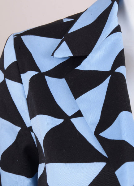 Blue and Black Triangle Patterned Cotton Twill Cropped Blazer