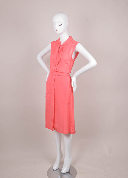 New With Tags Pink Neck Sash Sleeveless Silk Shirt Dress