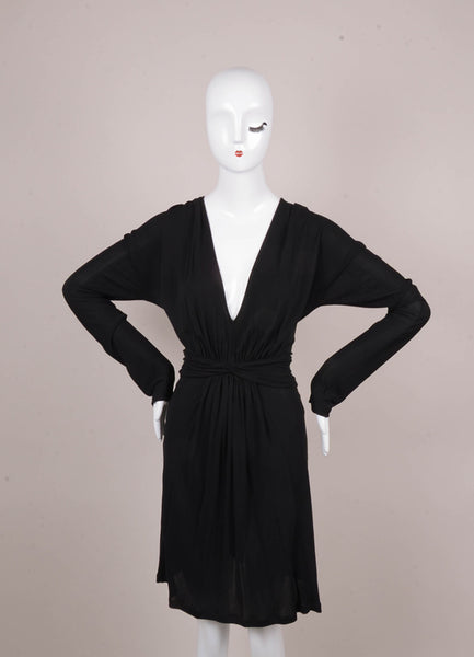 New Black Deep V Neck Long Sleeve Jersey Dress