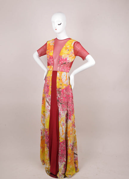 New With Tags Red, Orange, and Yellow Printed Sheer Panel Maxi Silk Dress