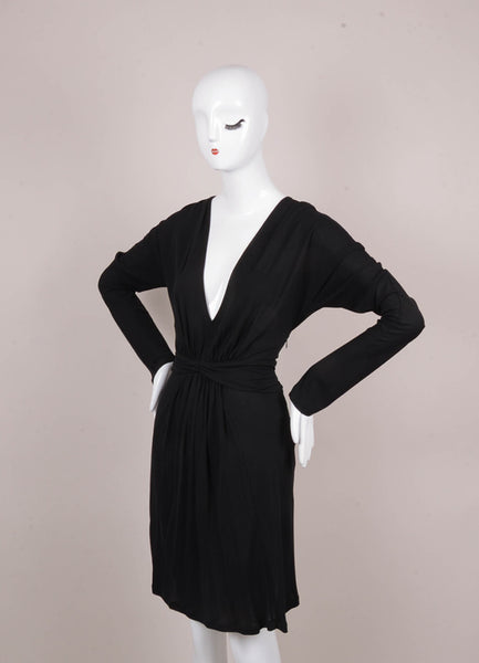 New Black Deep V Neck Long Sleeve Jersey Dress