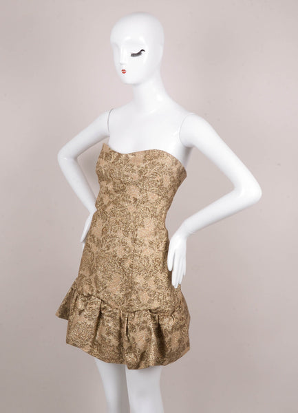 Gold Metallic Brocade Flounce Hem Strapless Mini Dress