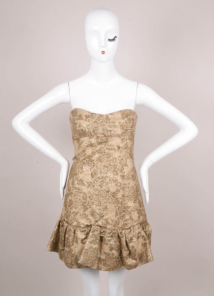 Gold Metallic Brocade Flounce Hem Strapless Mini Dress