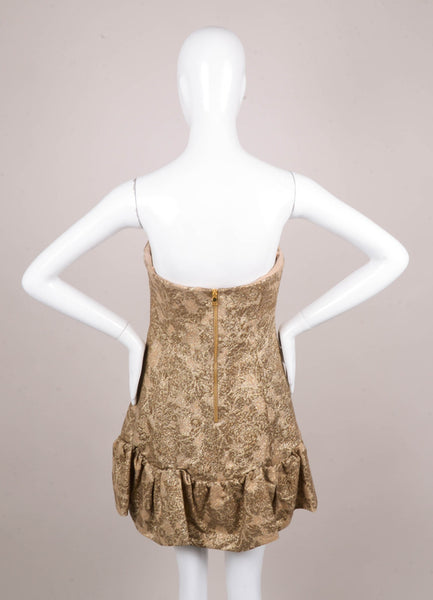 Gold Metallic Brocade Flounce Hem Strapless Mini Dress