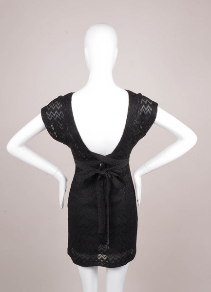 Black Metallic Semi Sheer Zig Zag Wrap Belted Sleeveless Knit Dress