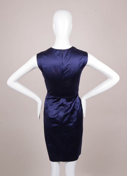 Navy Silk Fitted Gathered Bust Sleeveless Sheath Dress