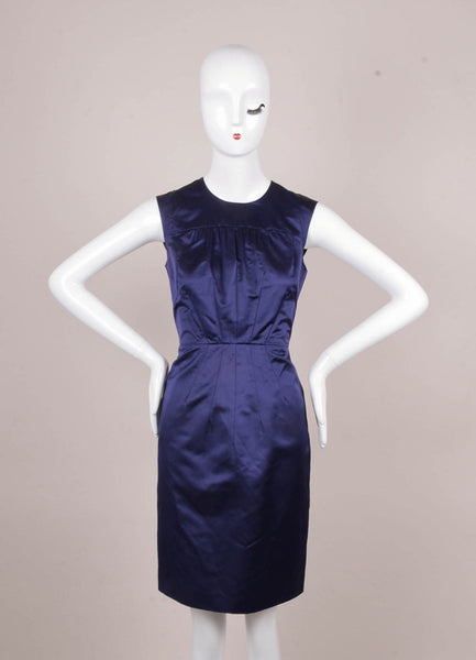 Navy Silk Fitted Gathered Bust Sleeveless Sheath Dress