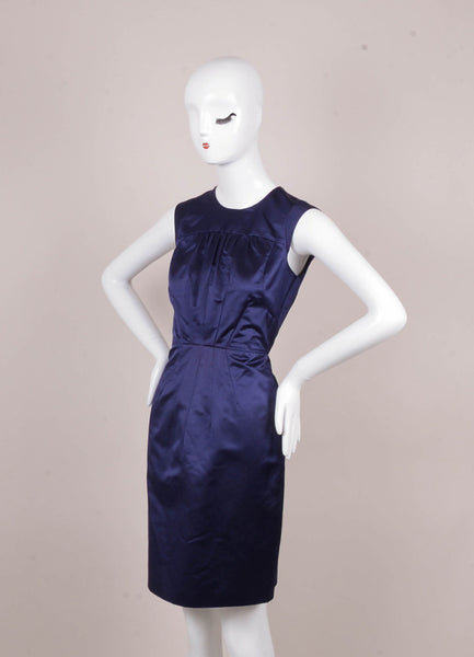 Navy Silk Fitted Gathered Bust Sleeveless Sheath Dress