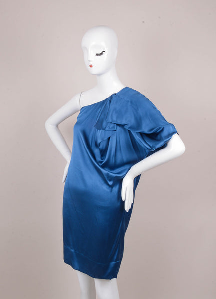 Blue Gathered One Shoulder Silk Dress